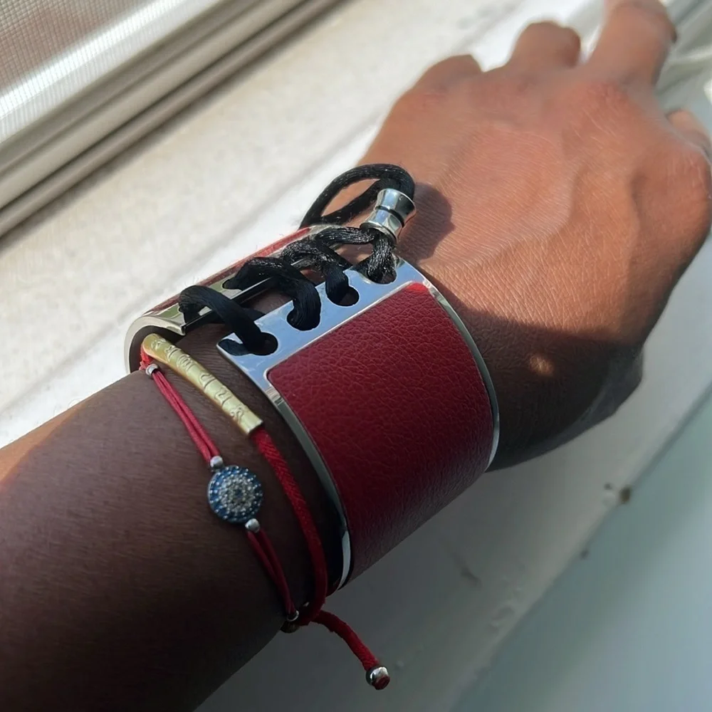 Adjustable red leather and silver hinged bracelet